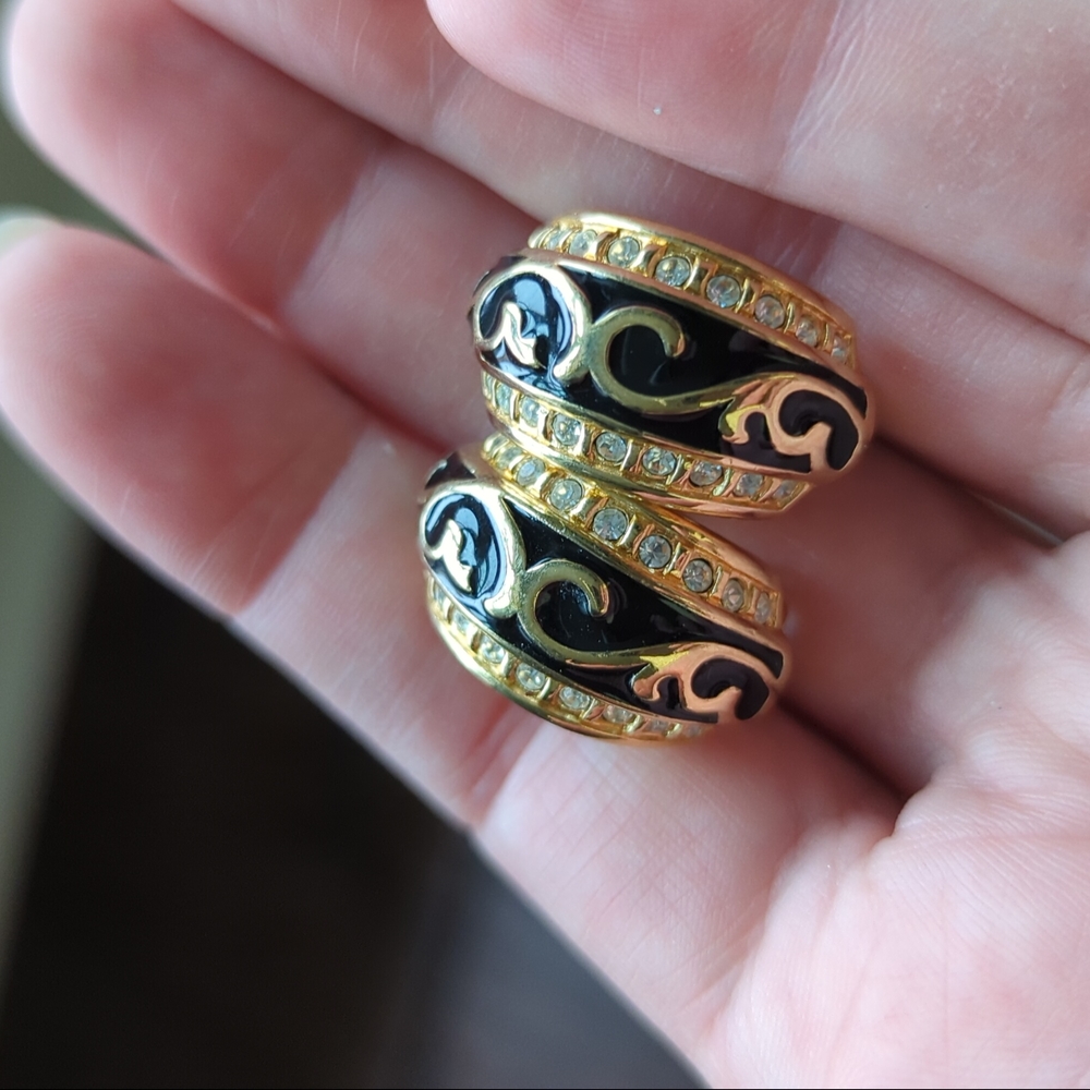 Vintage Crescent Shaped Black, Gold, & Rhinestone Crystal Clip-On Earrings